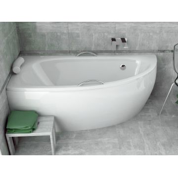 Cada baie asimetrica Besco Milena Premium 150x70cm orientare stanga cu tetiera si 2 manere