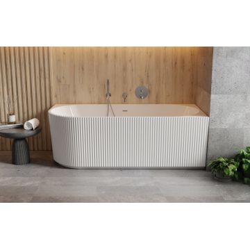 Cada freestanding Besco Denaya 150x75cm montare pe colt orientare dreapta exterior canelat sifon click-clack cu ornamente albe alb lucios