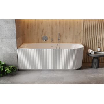 Cada freestanding Besco Denaya 150x75cm montare pe colt orientare stanga exterior canelat sifon click-clack cu ornamente albe alb lucios