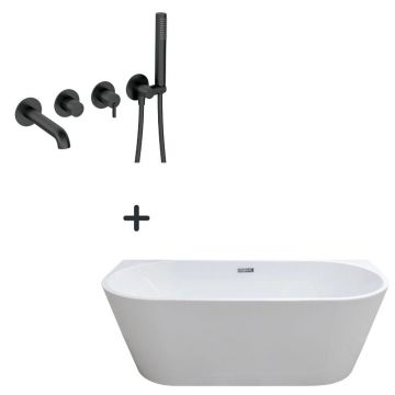 Set cada baie freestanding, lipita de perete, 170x80 cm si baterie incastrata negru mat