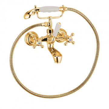 Baterie cada-dus, Kludi, 1926, cu para de dus si furtun, placat cu aur 23 kt Baterie cada-dus, Kludi, 1926, cu para de dus si furtun, placat cu aur 23 kt