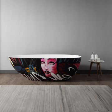 Cada de baie, freestanding, 1500x760x550, din compozit, ovala, alb lucios cu model, MonBlari