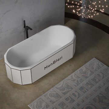 Cada de baie, freestanding, 1700x750x550 mm, alb mat cu linii negre, compozit, forma ovala, MonBlari Beryl