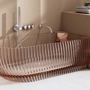 Cada de baie, de colt, 1700x800x580 mm, din rasina, ovala, roz transparent, cu riflaje, MonBlari