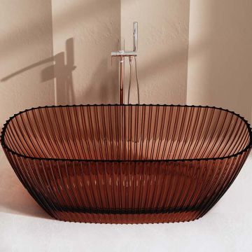 Cada de baie, freestanding, 1700x750x580 mm, din rasina, ovala, caramiziu transparent, cu riflaje, MonBlari
