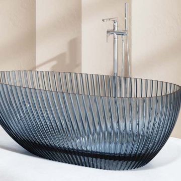 Cada de baie, freestanding, 1700x850x580 mm, din rasina, ovala, albastru transparent, cu riflaje, MonBlari