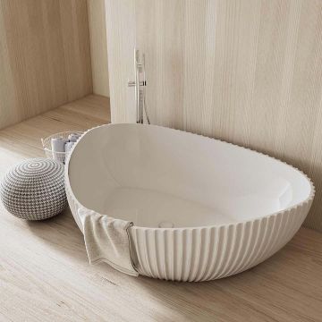 Cada de baie, freestanding, 1800x1300x580 mm, din compozit, ovala, margine curbata, alb mat, cu riflaje, MonBlari