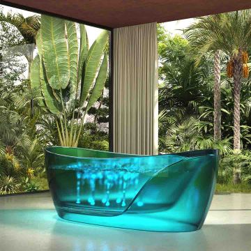Cada de baie, freestanding, functie jacuzzi, 1700x800x630 mm, din rasina, ovala, curbata, albastru transparent, MonBlari