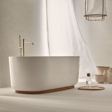 Cada freestanding Sanycces Calma alb lucios cu suport de lemn, 170x80 cm