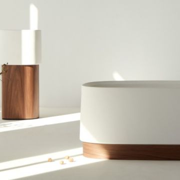 Cada freestanding Sanycces Oasis alb mat cu inel lemn, 170x80 cm