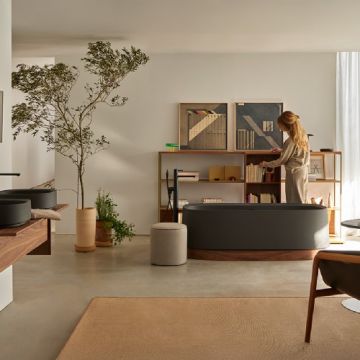 Cada freestanding Sanycces Oasis negru mat cu inel lemn, 170x80 cm