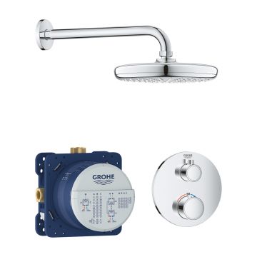 Baterie cada - dus termostatata Grohe Grohtherm Perfect Round cu montaj incastrat corp ingropat inclus set Tempesta 210 cu palarie si brat de dus de perete crom